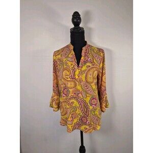 Tacera Women's Blouse Size S Yellow Pink Paisley Bell Sleeve Hi-low Hem